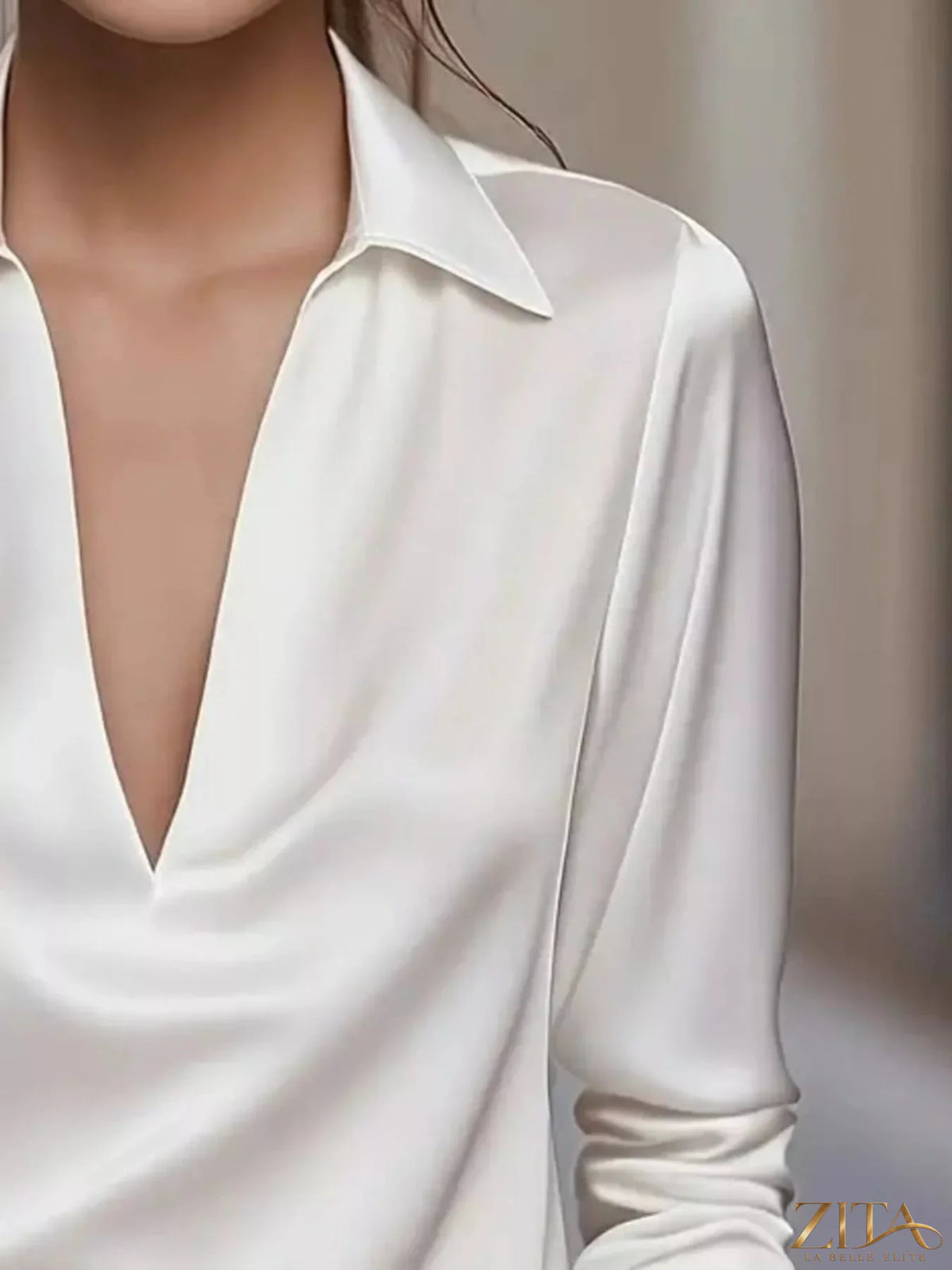 Satin Johnny collar long sleeve blouse by Zita La Belle Elite, featuring a smooth satin fabric and classic collar design.