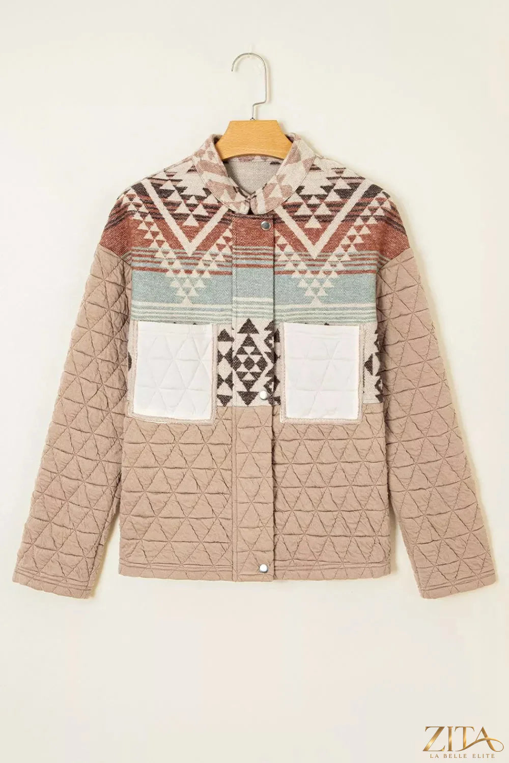 Zita La Belle Elite Aztec quilted patchwork Western jacket with colorful geometric patterns and Western-style design.