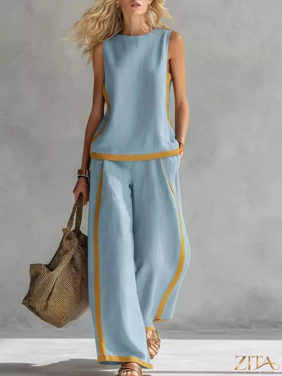 Plus size Zita La Belle Elite contrast stripe tank top and wide-leg pants set, featuring bold patterns and comfortable fit.