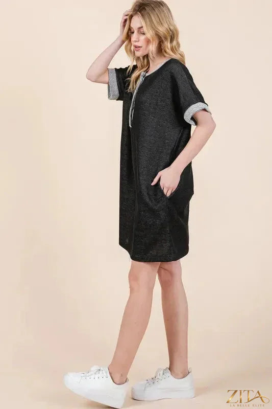 Casual contrast trim Henley dress by Zita La Belle Elite, featuring a relaxed fit and stylish design in soft fabric.