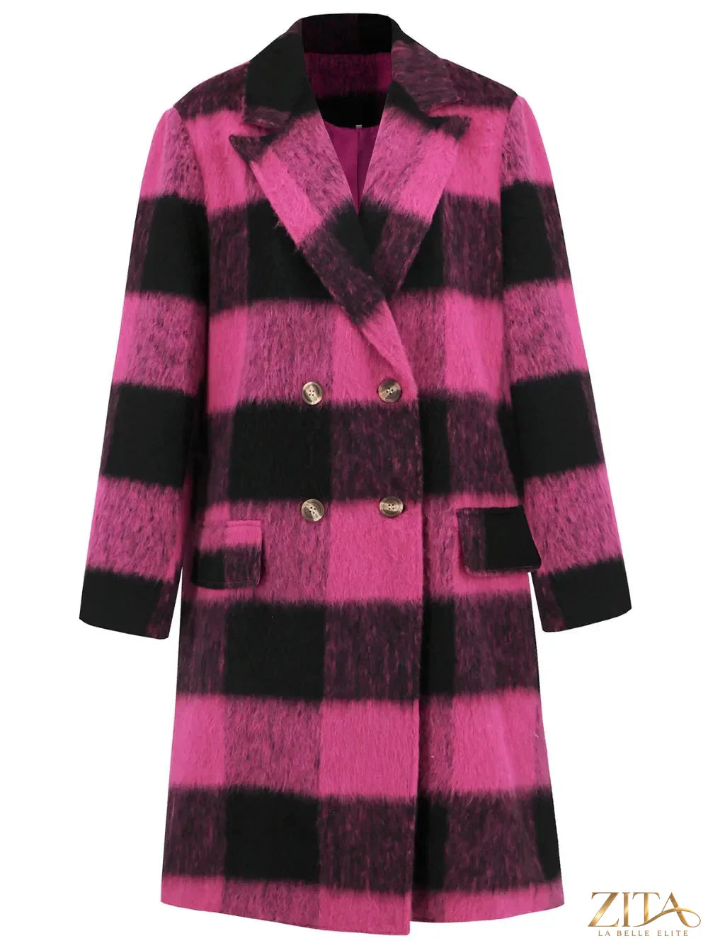 Zita La Belle Elite plaid double-breasted long sleeve coat with classic pattern and tailored fit, displayed on a hanger.