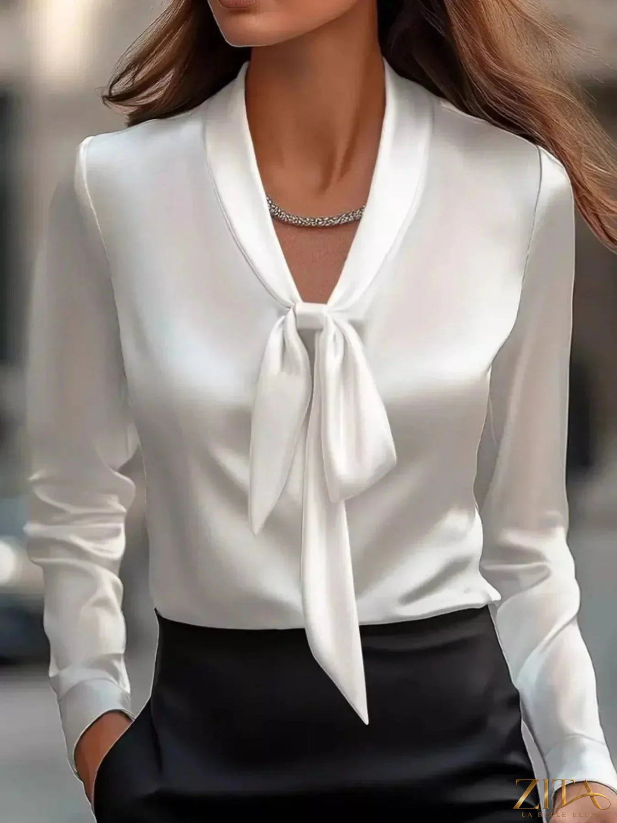 Satin tie-front long sleeve blouse by Zita La Belle Elite with a sleek, elegant design and a front tie detail.