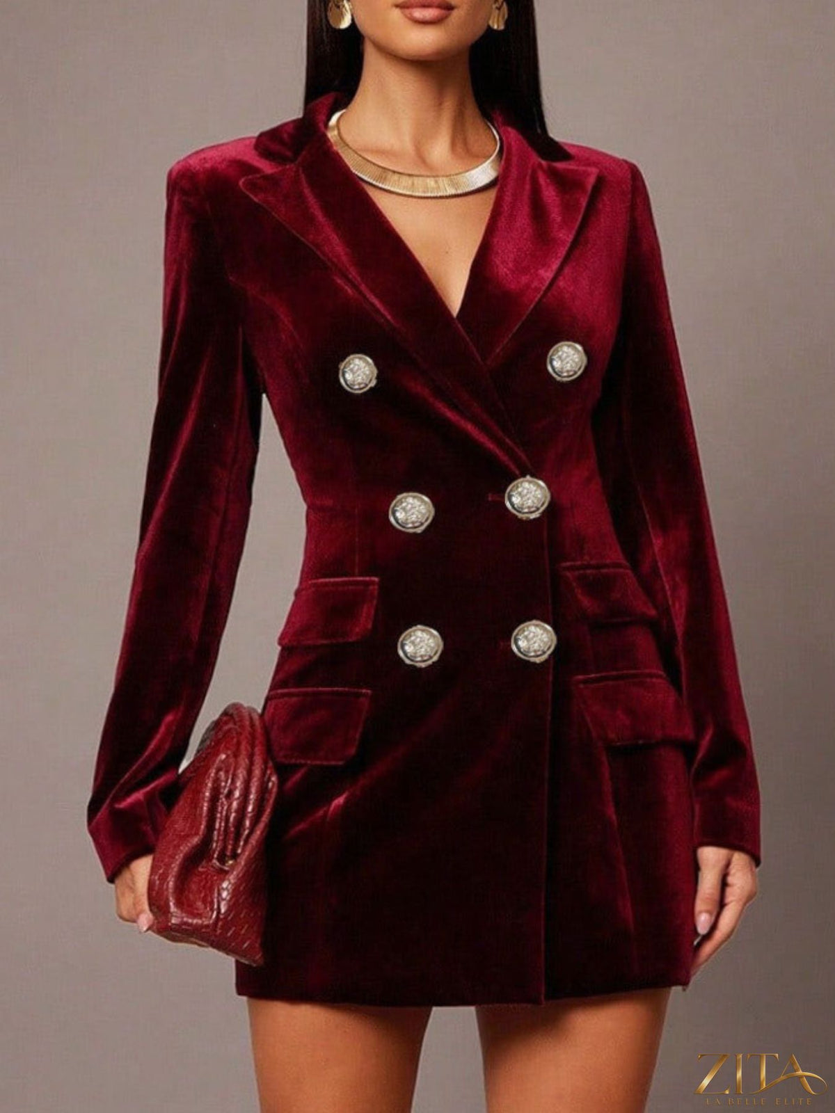 Velvet double-breasted blazer dress by Zita La Belle Elite, featuring a fitted silhouette and stylish lapel details.