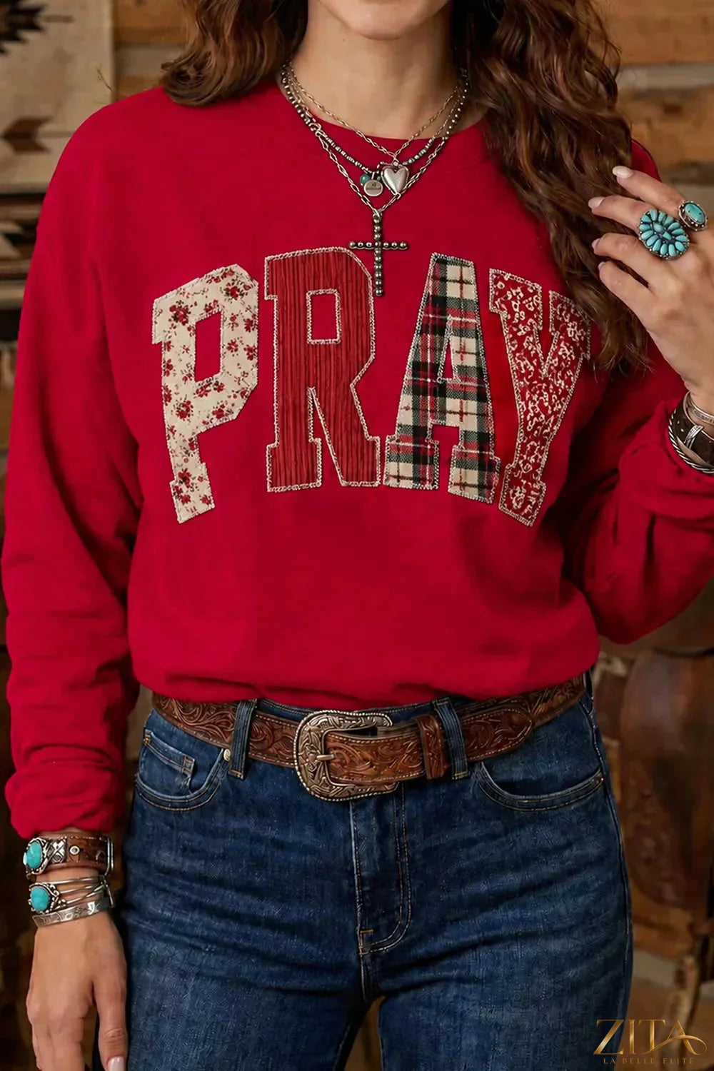 Floral plaid embroidered Western sweatshirt by Zita La Belle Elite featuring colorful floral and plaid design on soft fabric