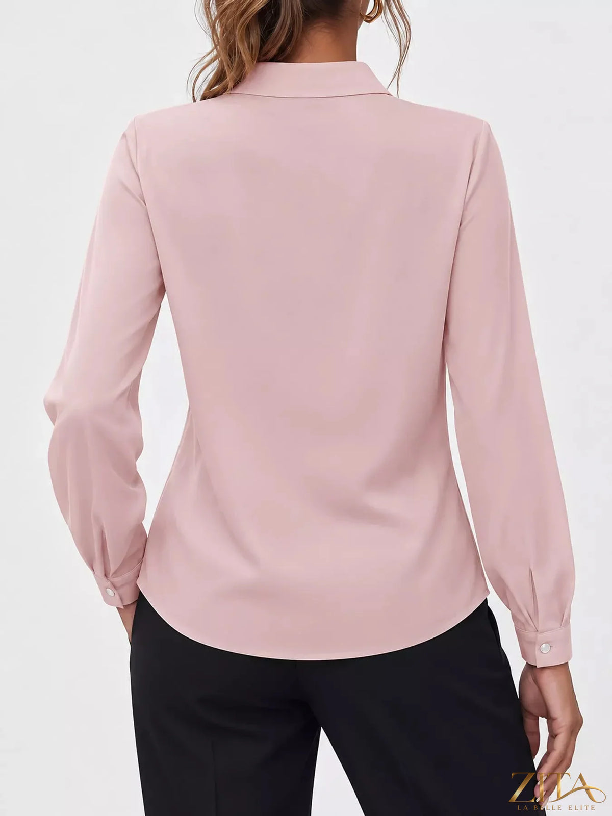 Zita La Belle Elite long sleeve satin blouse in elegant, shiny fabric with a classic collar and button front for a sophisticated look.