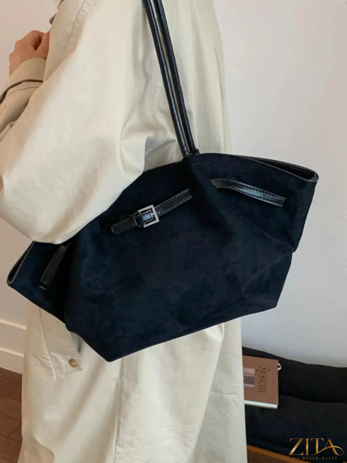 Zita La Belle Elite solid color buckle tote bag with structured design and top handle, stylish for everyday use.