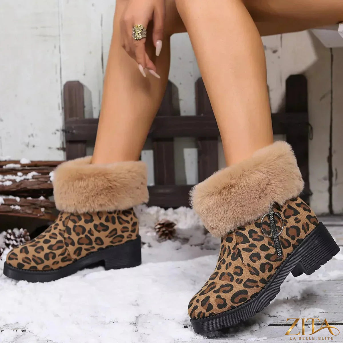 Fuzzy cuff leopard print ankle boots by Zita La Belle Elite featuring a cozy fur cuff and stylish leopard pattern.