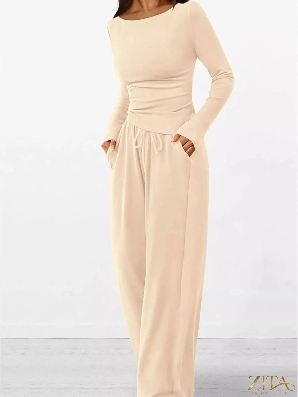Zita La Belle Elite long sleeve top and wide leg pants set in soft fabric, shown in a stylish, coordinated outfit.
