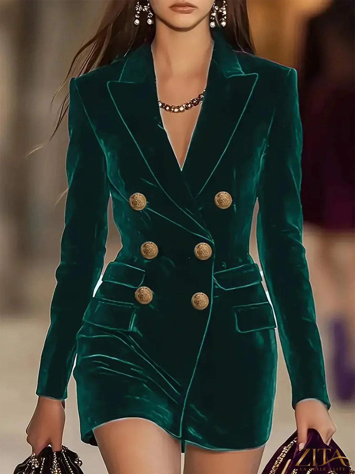 Velvet double-breasted blazer dress by Zita La Belle Elite, featuring a fitted silhouette and elegant lapel collar.