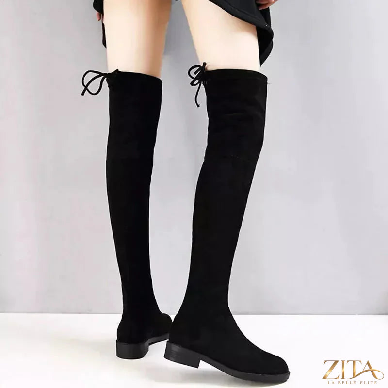 Over-the-knee black block heel boots by Zita La Belle Elite, featuring sleek leather and stylish tall shaft design.