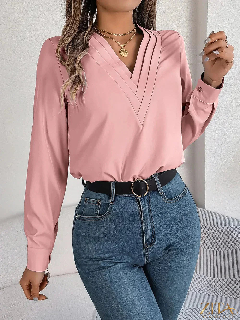 Zita La Belle Elite V-neck long sleeve blouse in soft fabric, featuring a flattering V-neckline and elegant design.