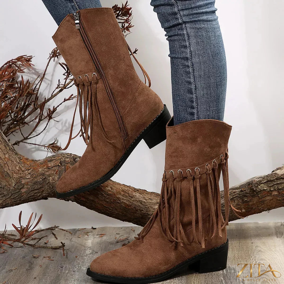 Zita La Belle Elite fringe Western block heel boots with leather upper and decorative fringe detailing.