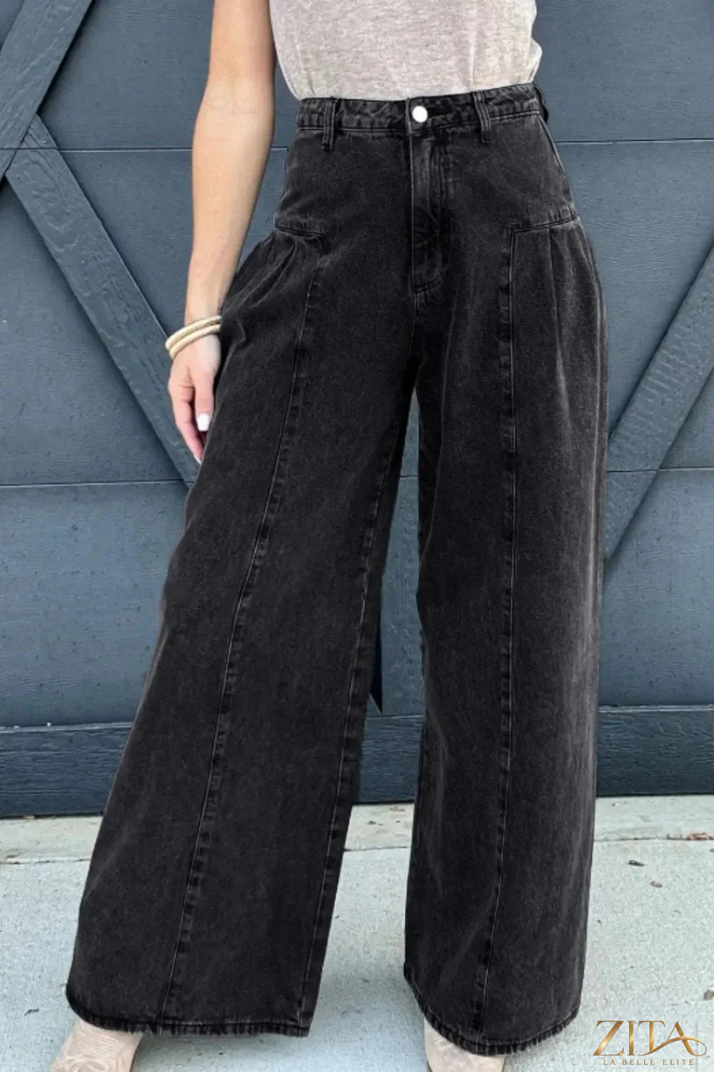 Zita La Belle Elite high rise wide leg jeans with functional pockets, styled with casual top and footwear.