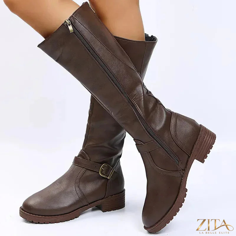 Zita La Belle Elite round toe block heel boots in black leather with sturdy chunky heels and sleek design.