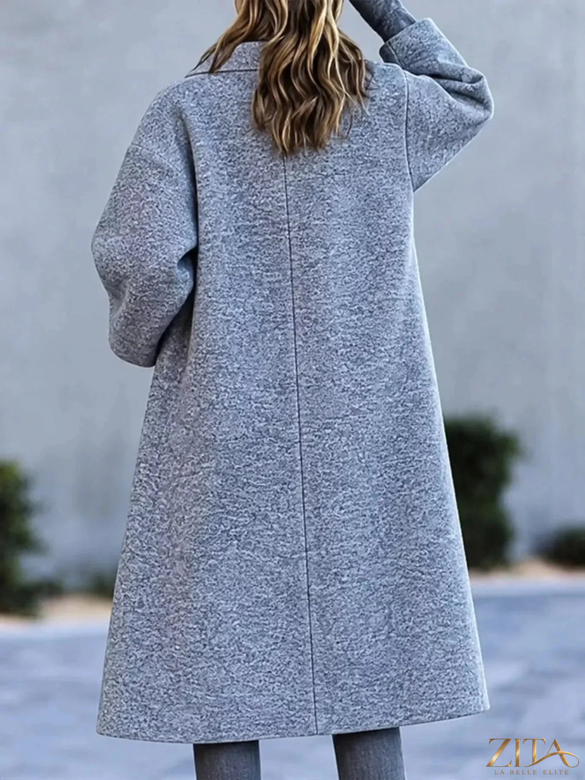 Plus size Zita La Belle Elite coat with lapel collar and single button closure, shown in a full-length view.