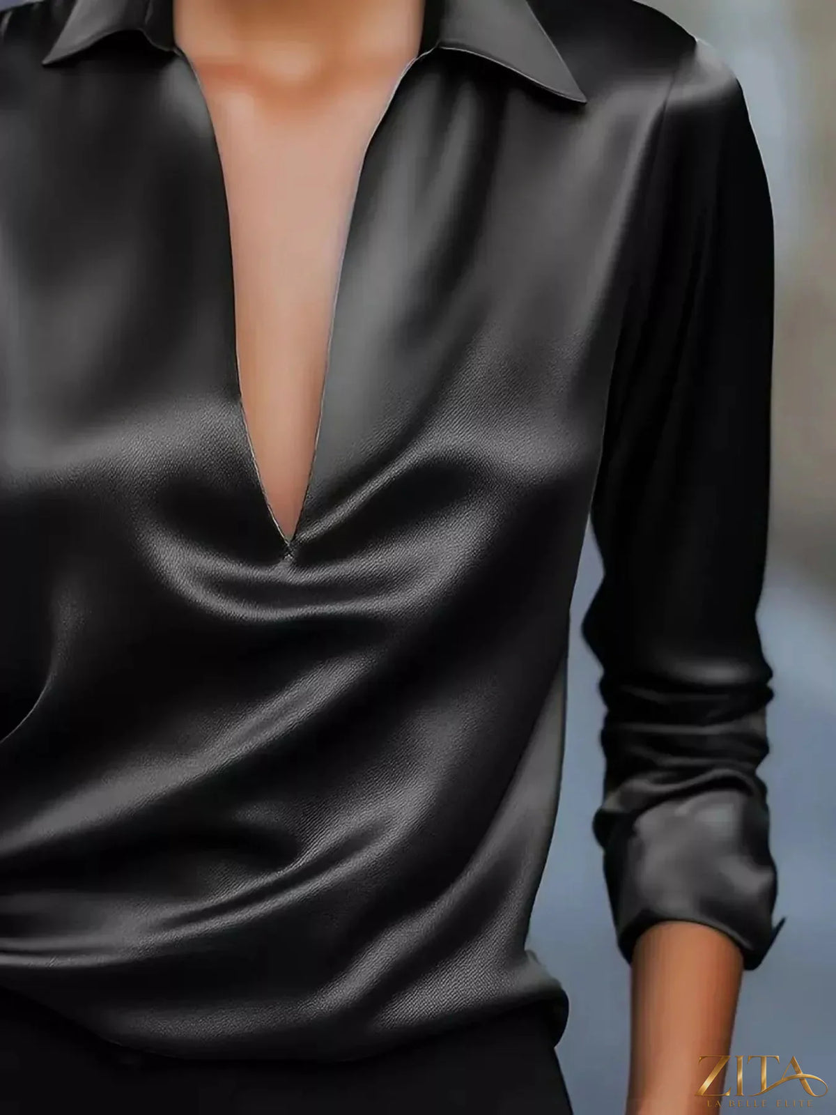 Zita La Belle Elite satin Johnny collar long sleeve blouse in elegant fabric with a classic button-up design and fitted silhouette.