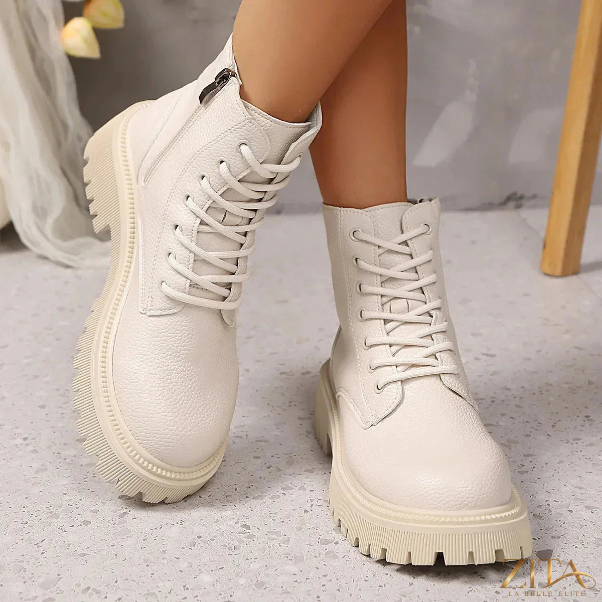 Zita La Belle Elite lace-up platform boots with chunky heels and leather upper, stylish footwear for fashion-forward looks.