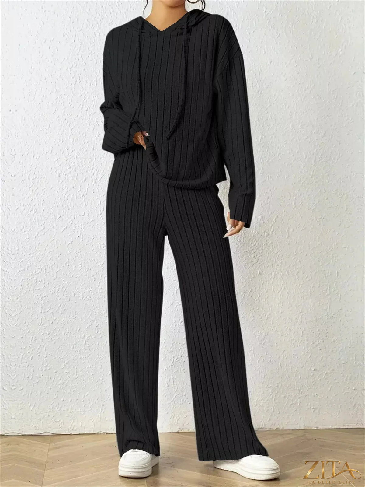 Zita La Belle Elite ribbed drawstring hoodie and pants set in matching fabric, casual loungewear with ribbed texture and adjustable drawstrings.