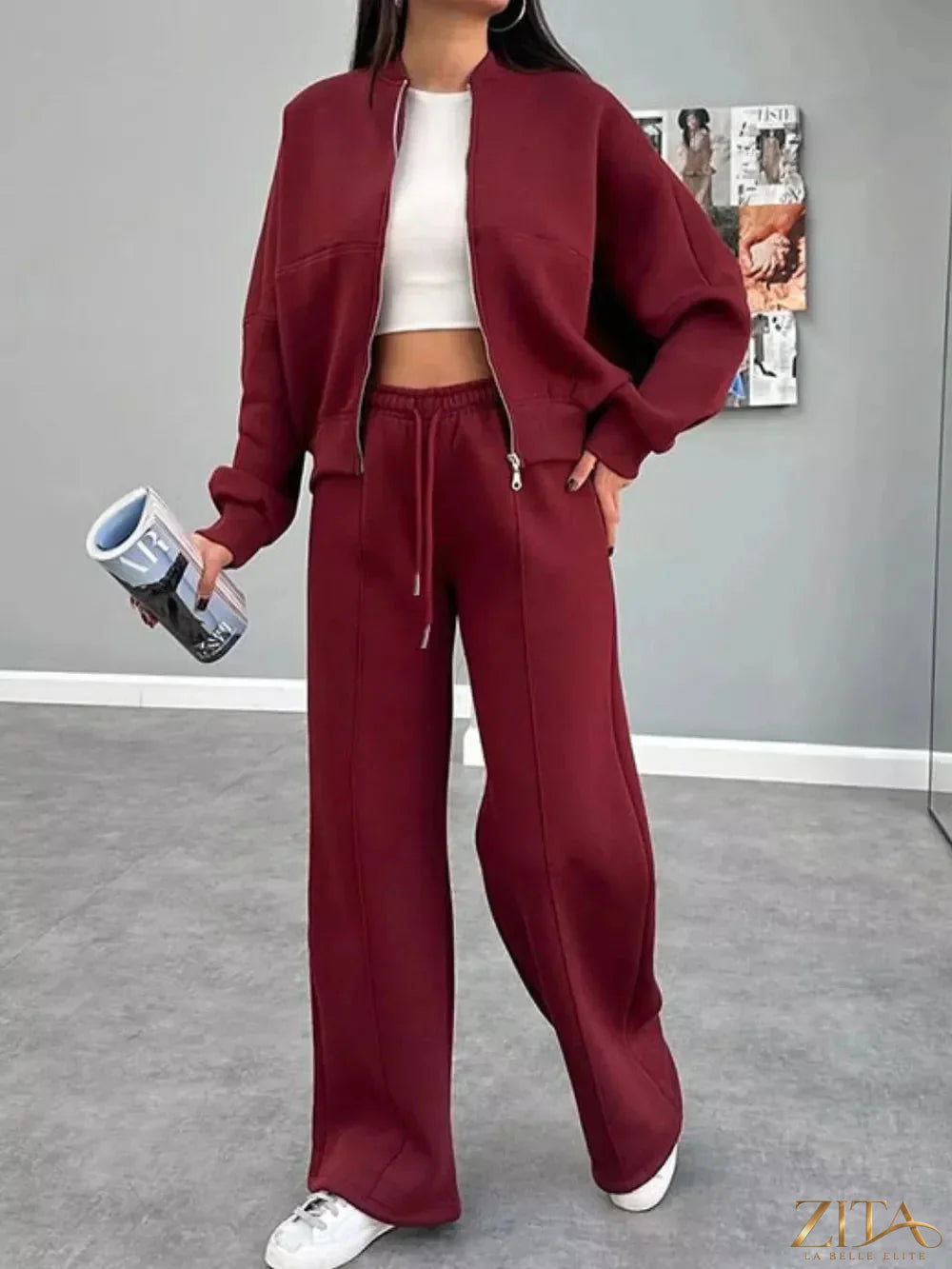 Zita La Belle Elite baseball collar zip-up outerwear with matching drawstring pants set, featuring a casual athletic style.
