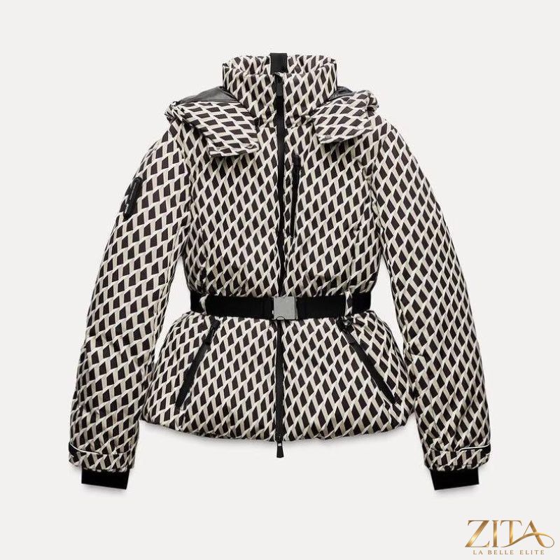 Zita La Belle Elite ski suit with belt, stand-up collar, and warm cotton jacket for winter skiing.