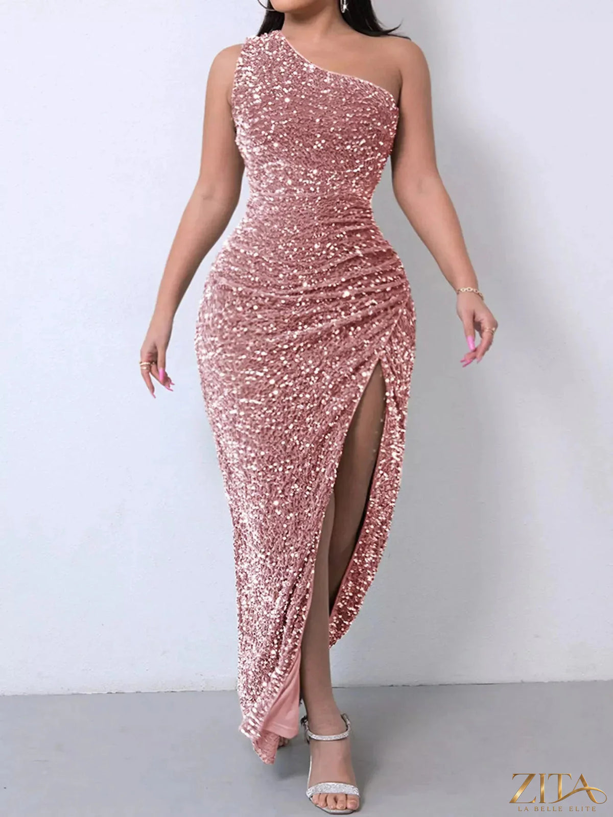 Zita La Belle Elite one-shoulder ruched sequin evening dress with high slit, elegant and glamorous for formal occasions.