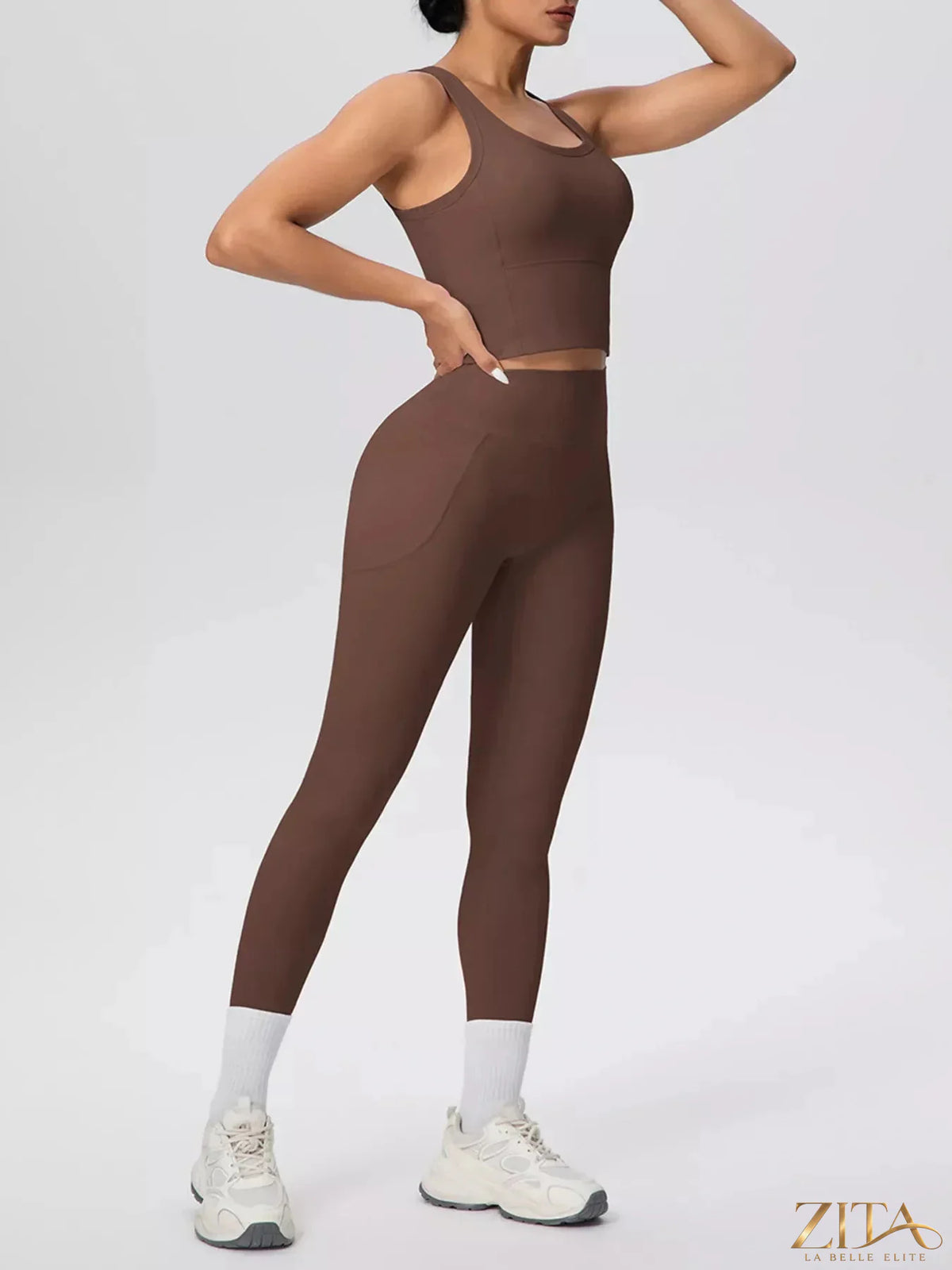 Zita La Belle Elite scoop neck tank top and high-waisted leggings active set, black, stretch fabric, suited for workout or casual wear.