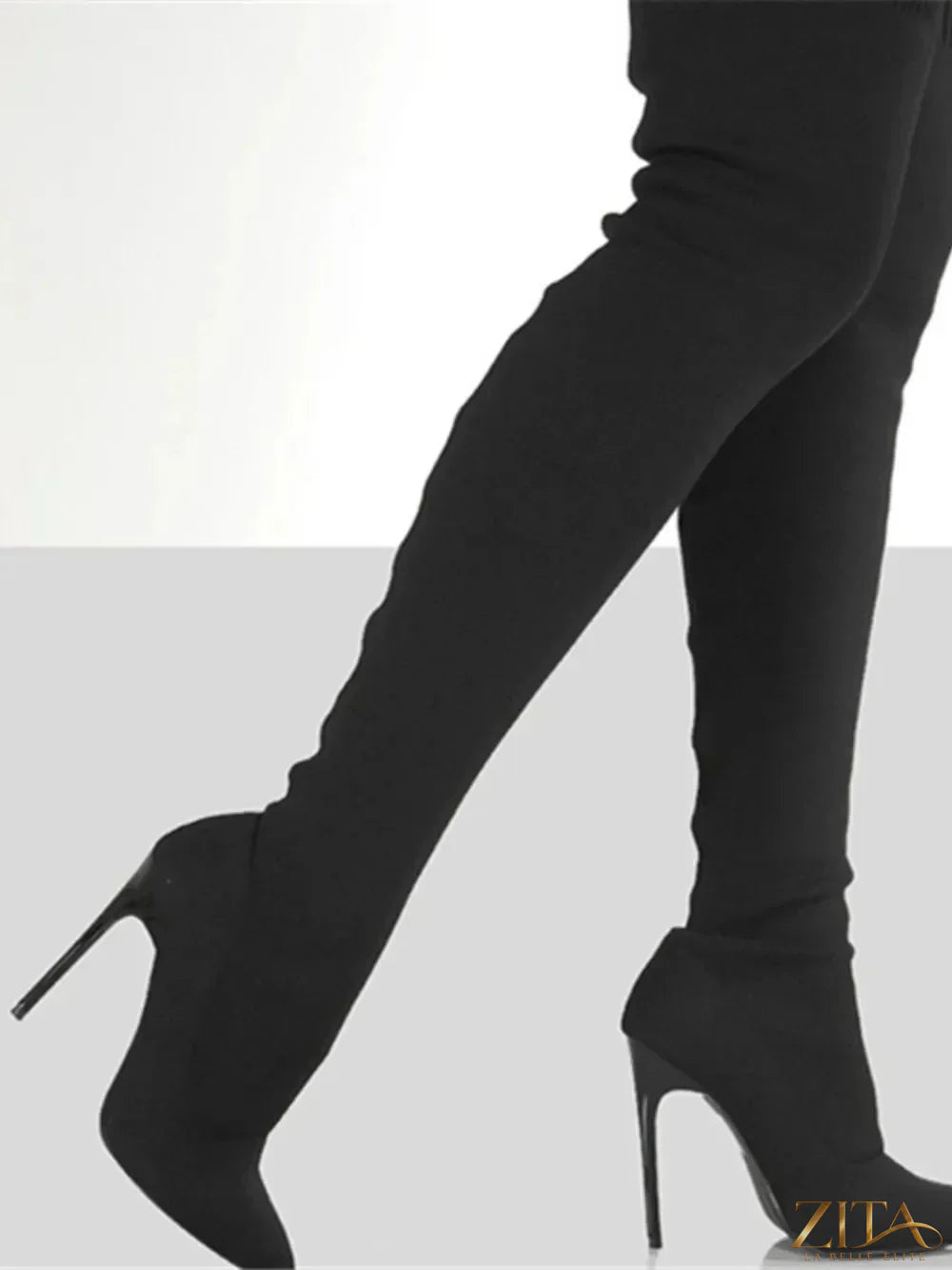 Zita La Belle Elite point toe over knee stiletto boots in black leather with high heels and sleek design.