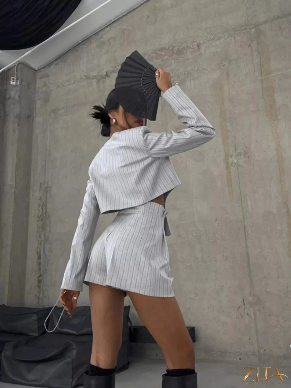 Zita La Belle Elite pinstripe cropped blazer and pleated shorts set, stylish women's fashion ensemble with tailored fit and sophisticated design.