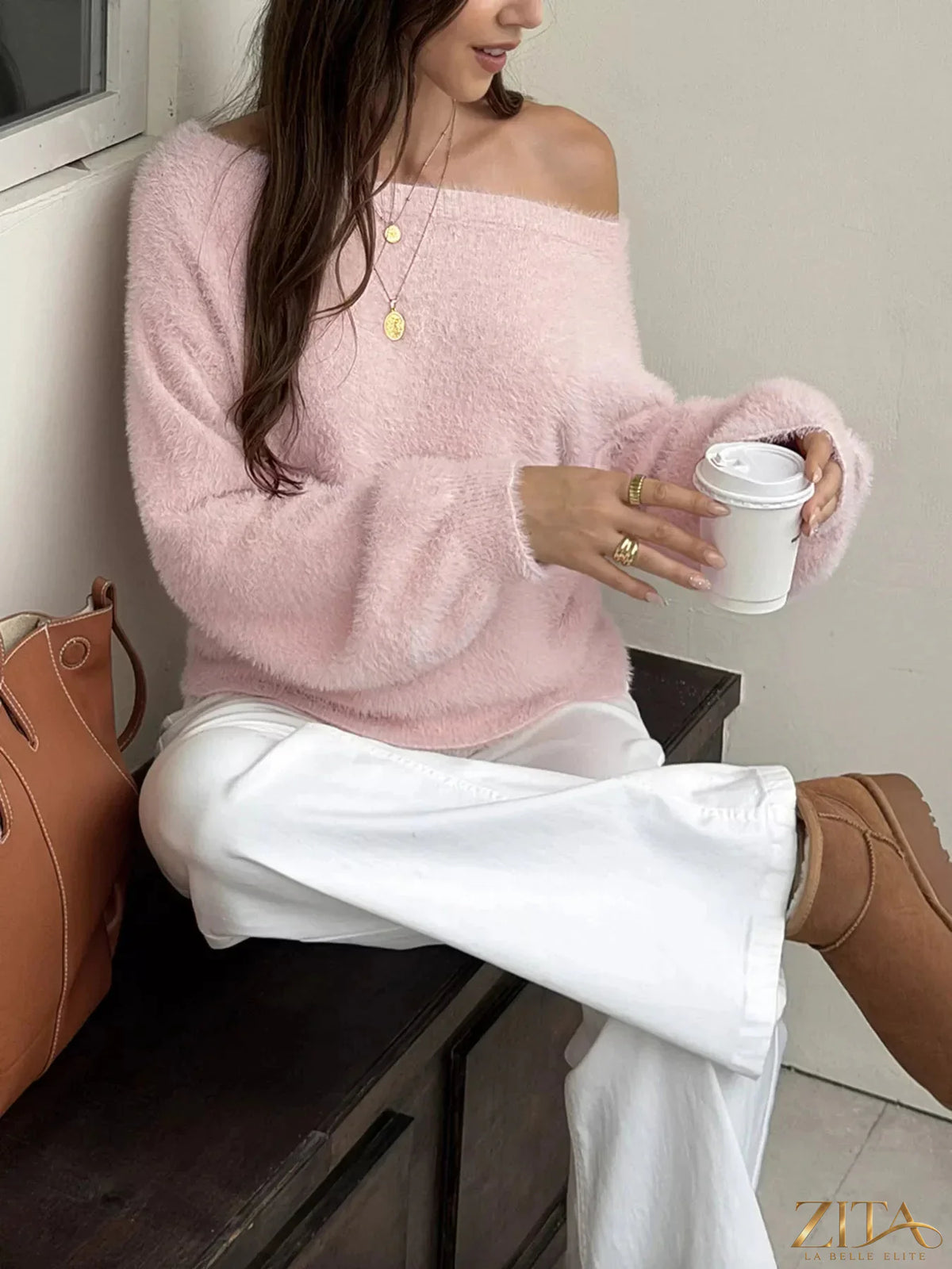 Zita La Belle Elite fuzzy boat neck sweater in soft knit with a cozy, relaxed fit and ribbed neckline.