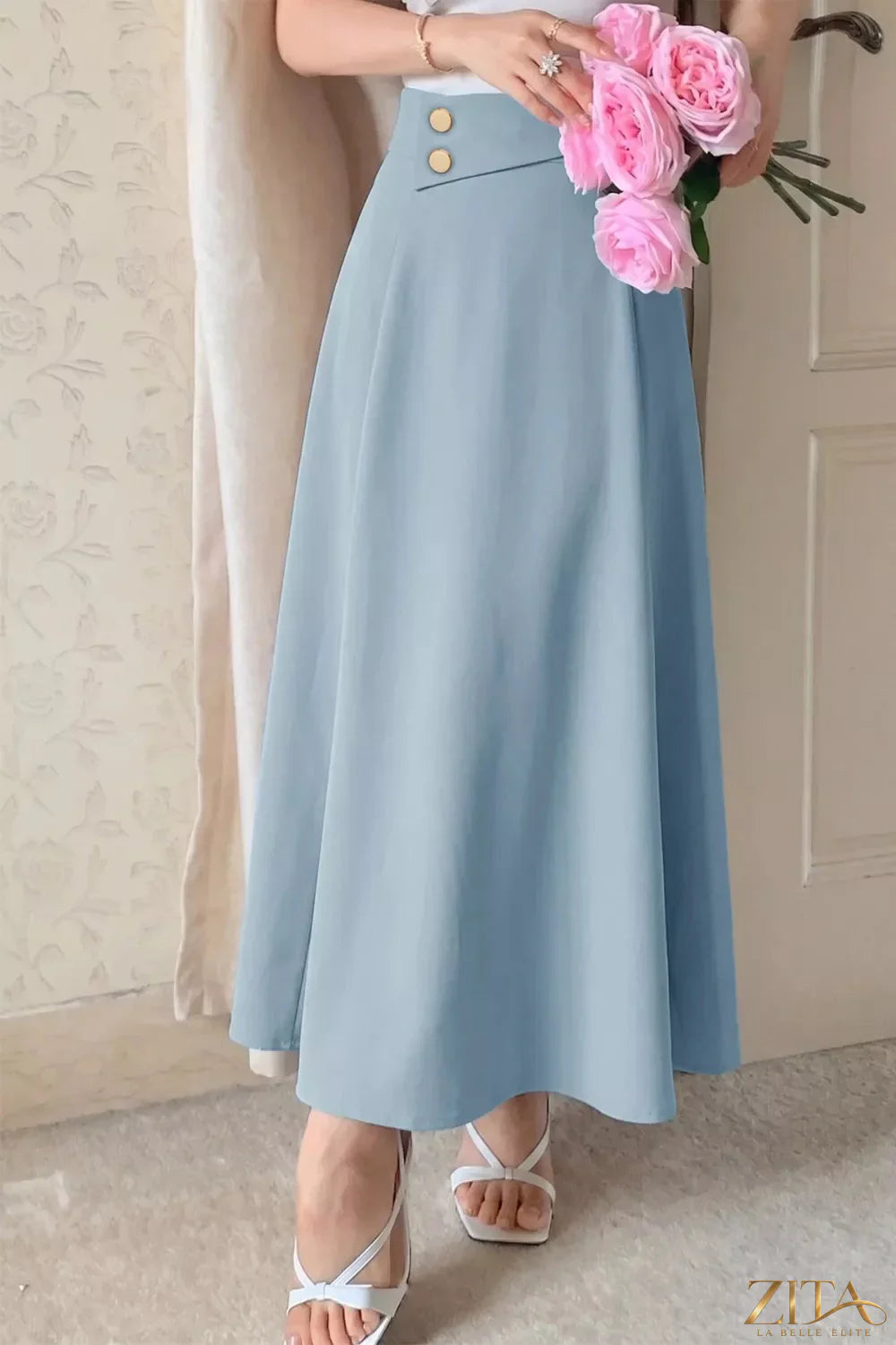 Zita La Belle Elite A-line midi skirt with front zipper, lightweight fabric, and classic silhouette on a white background.
