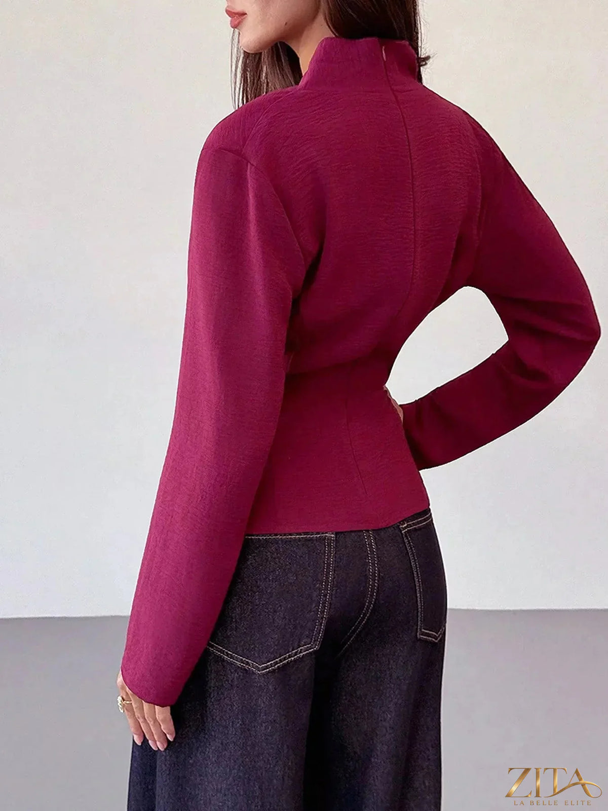 Zita La Belle Elite wrap-front long sleeve blouse in soft fabric, featuring a stylish V-neck and elegant design.