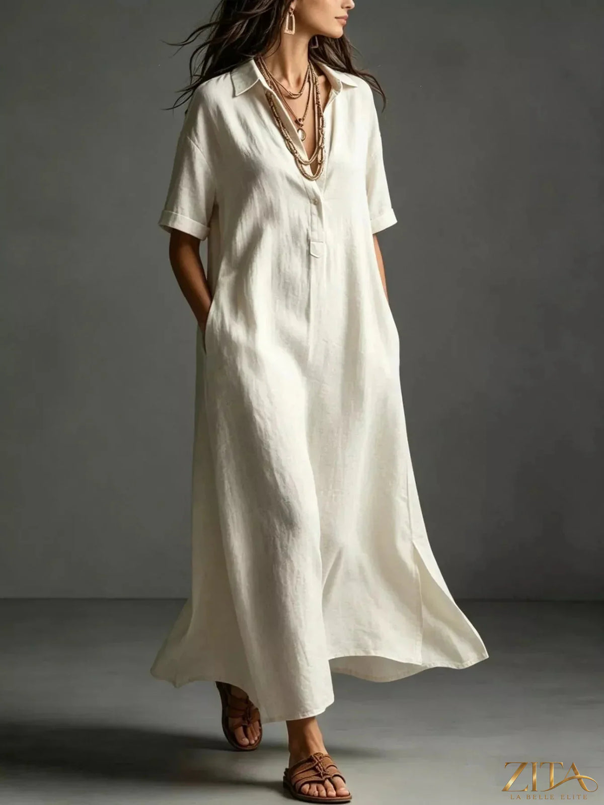 Plus size casual midi shirt dress by Zita La Belle Elite, featuring a relaxed fit and button-front design in natural fabric.