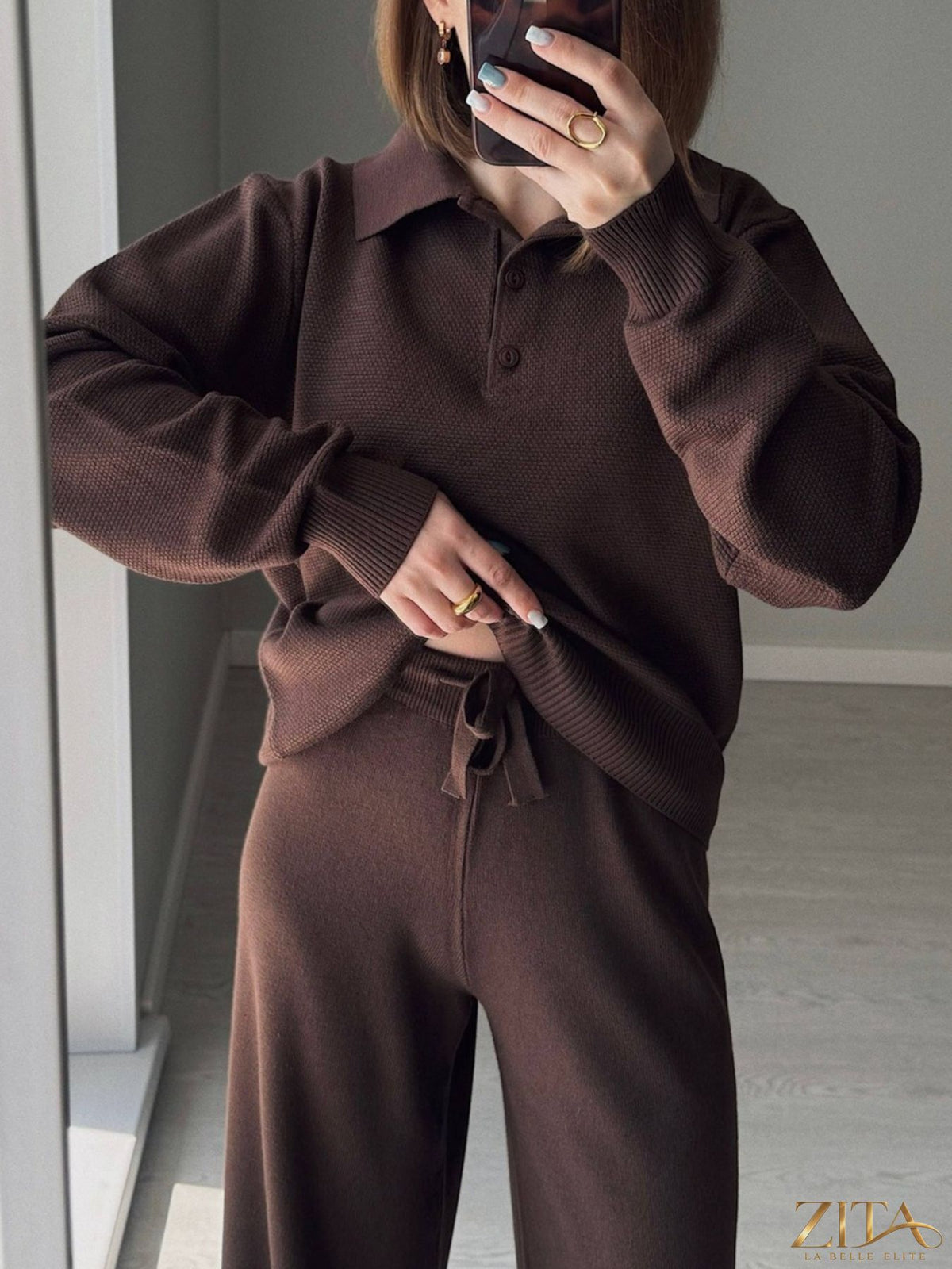 Zita La Belle Elite polo collar knit top with matching pants or skirt set, featuring a stylish, coordinated knitwear ensemble.