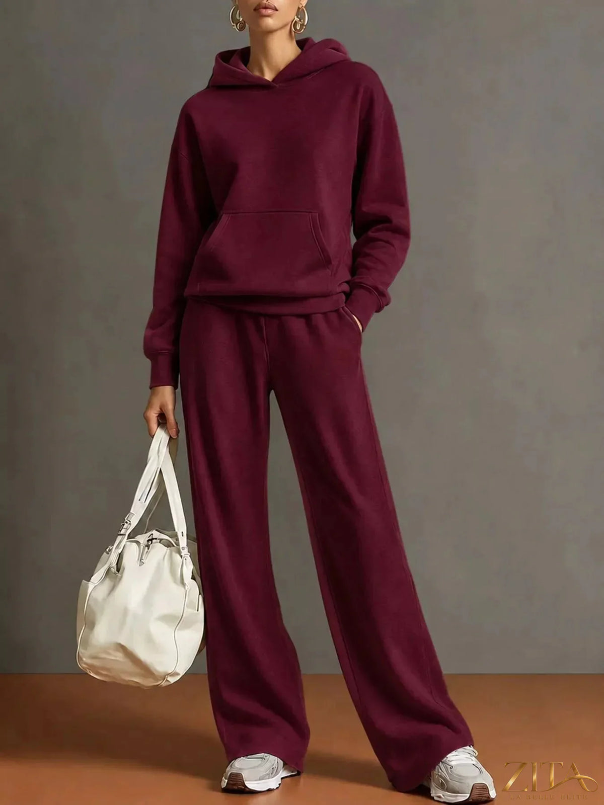 Zita La Belle Elite kangaroo pocket hoodie and matching pants set in soft fabric, displayed on a neutral background.