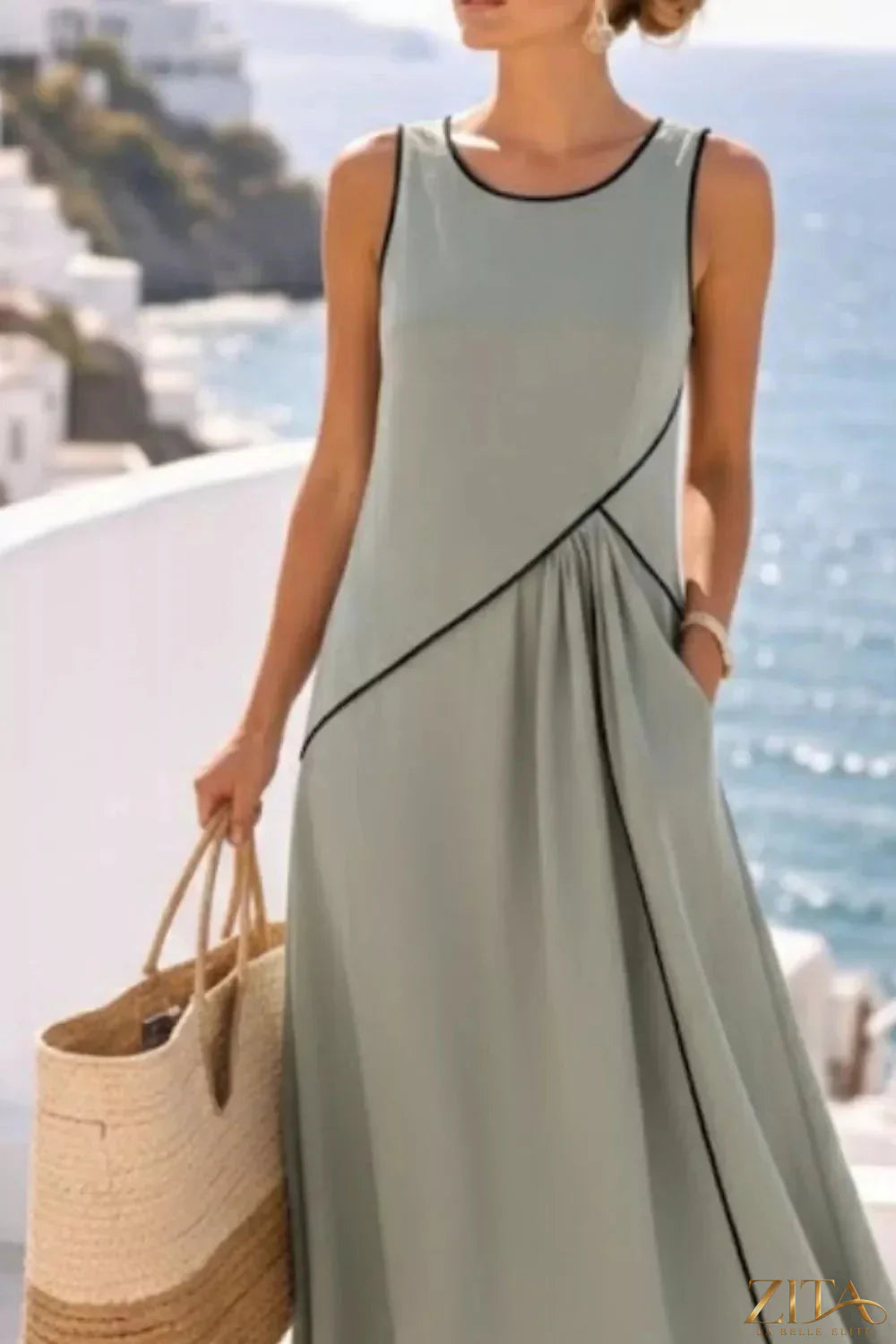 Sleeveless casual maxi dress with contrast trim by Zita La Belle Elite, featuring a relaxed fit and stylish design.