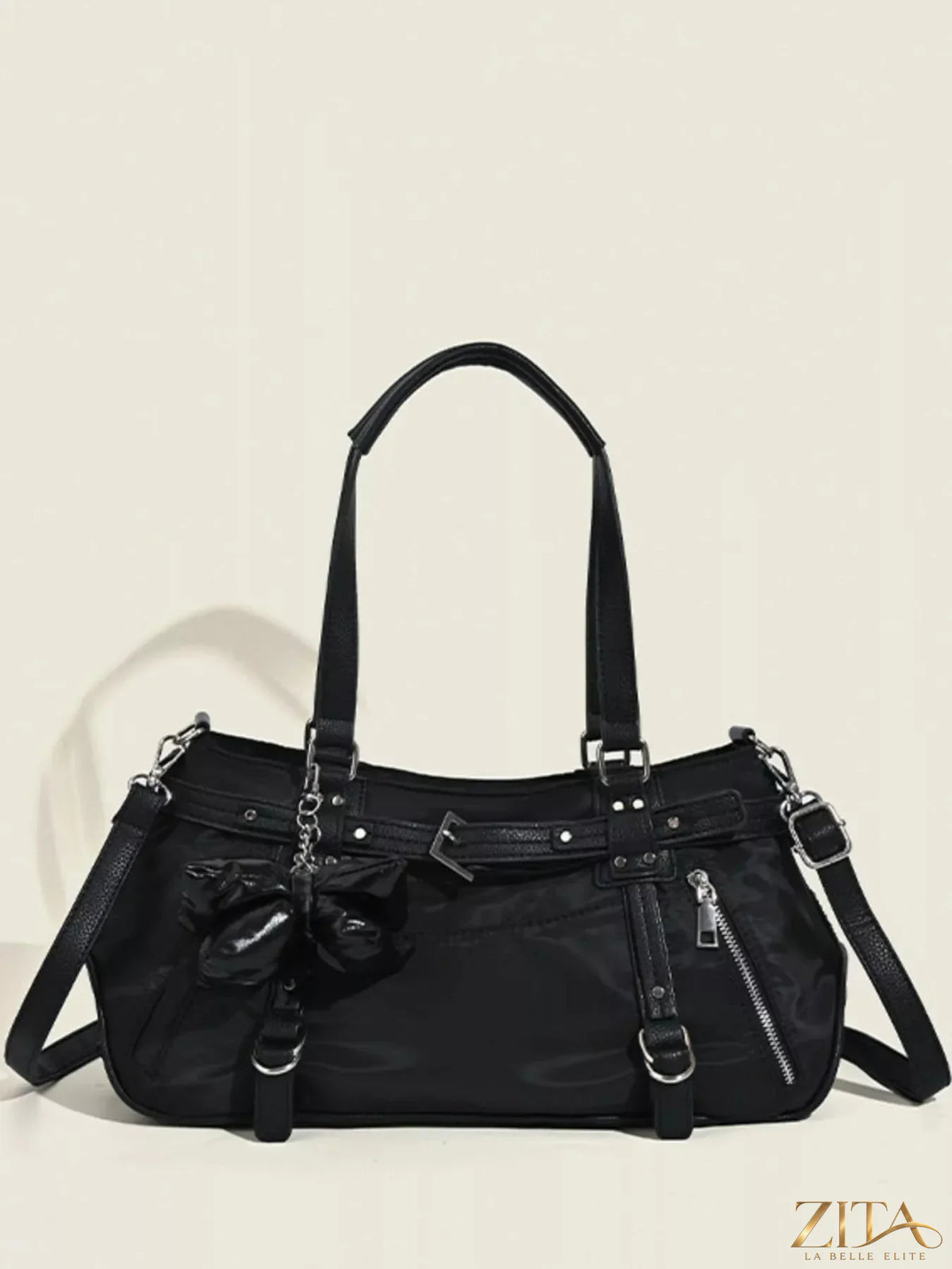 Leather handbag with buckle decor by Trendsi, featuring a stylish design and sturdy strap, ideal for everyday use.