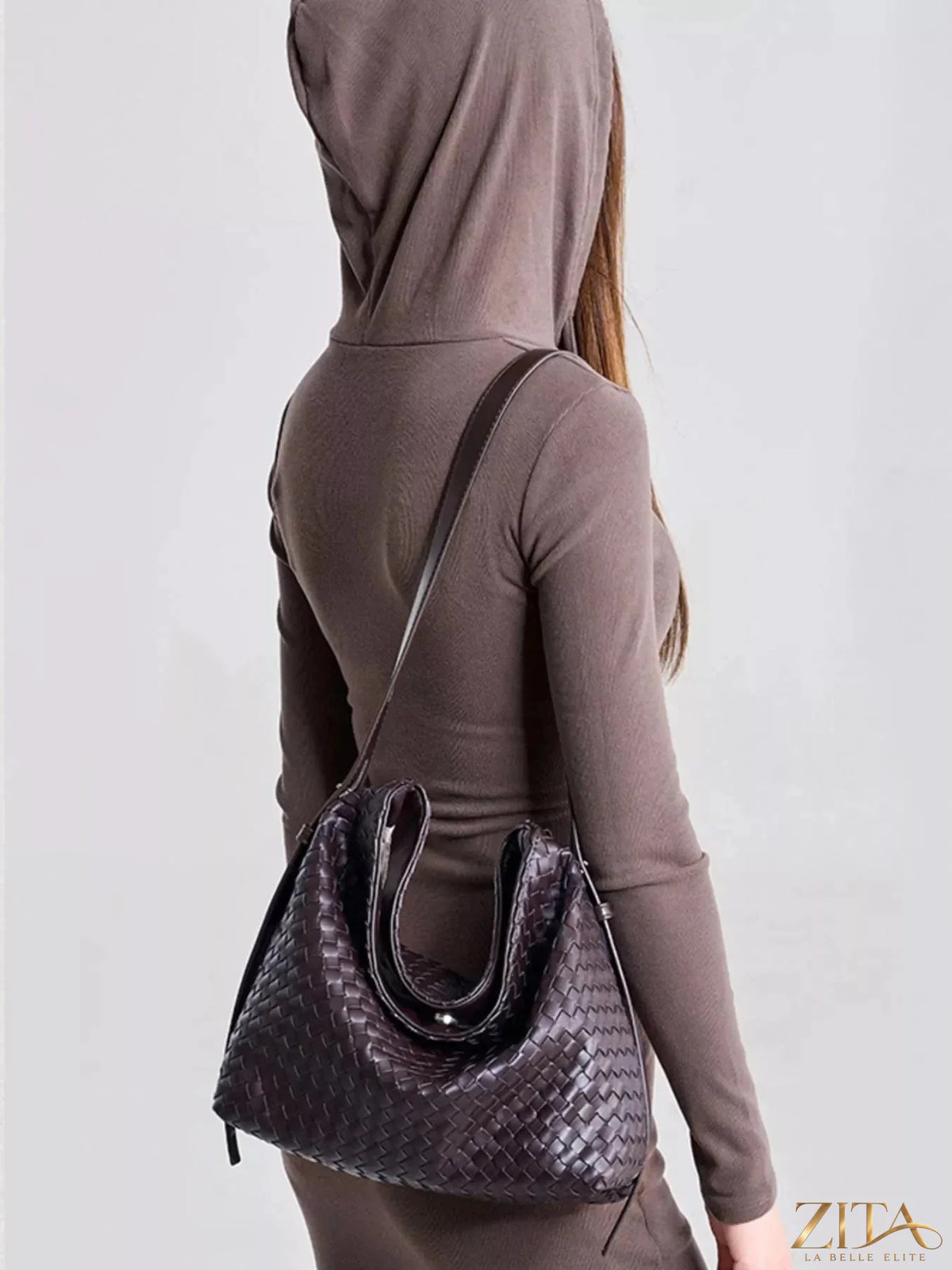 Woven leather hobo shoulder bag by Zita La Belle Elite featuring a stylish design and adjustable strap.