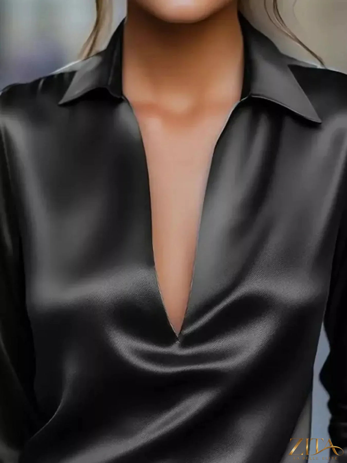 Zita La Belle Elite satin Johnny collar long sleeve blouse with button-up front and elegant fit, shown on model.