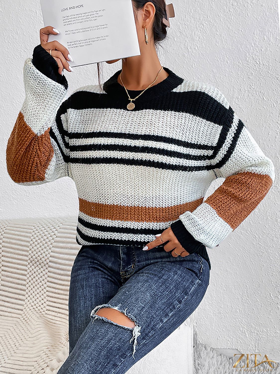Zita La Belle Elite striped round neck sweater with multicolor horizontal stripes, casual knitwear for women.