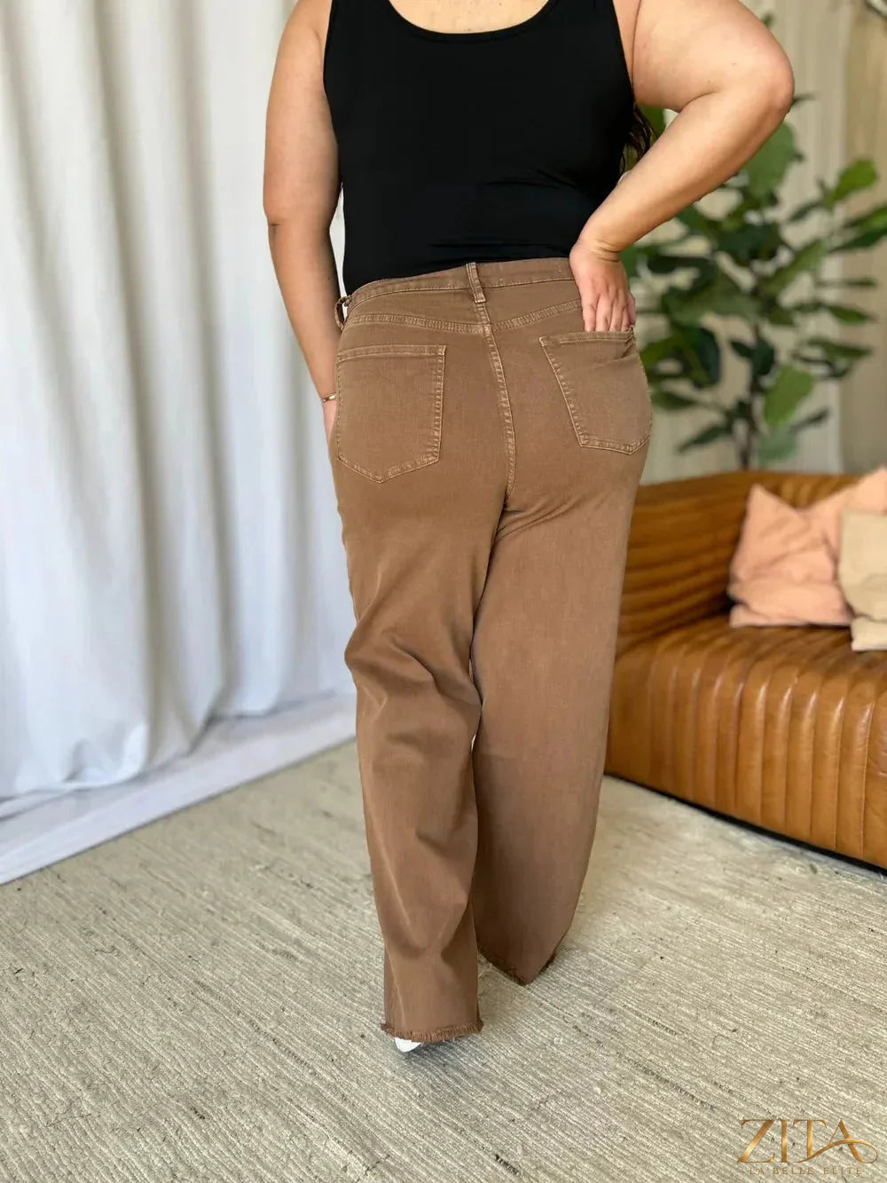 Zita La Belle Elite RFM full size high rise garment dye wide-leg jeans, shown in a natural high-waisted fit with wide legs and denim fabric.