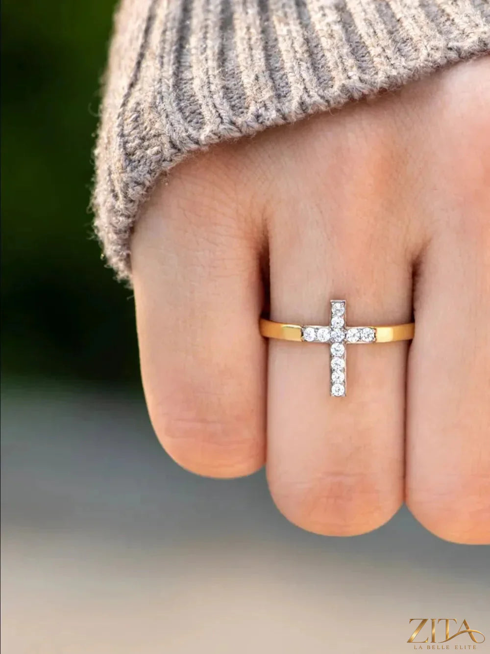 925 Sterling Silver Zircon Cross Ring with inlaid sparkling stones, crafted by Zita La Belle Elite.