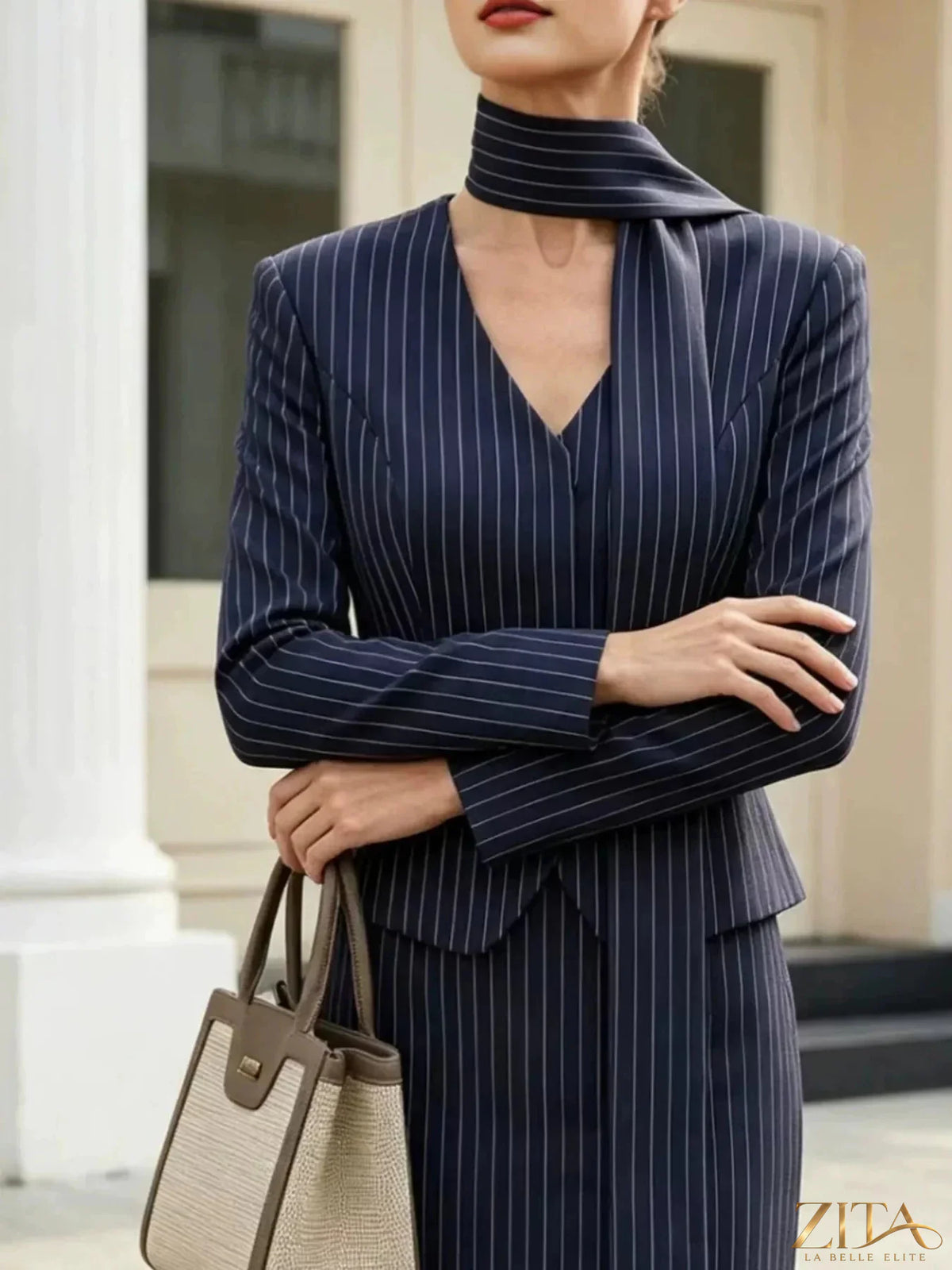 Zita La Belle Elite striped blazer and mini skirt set with matching scarf detail, stylish and coordinated fashion ensemble.
