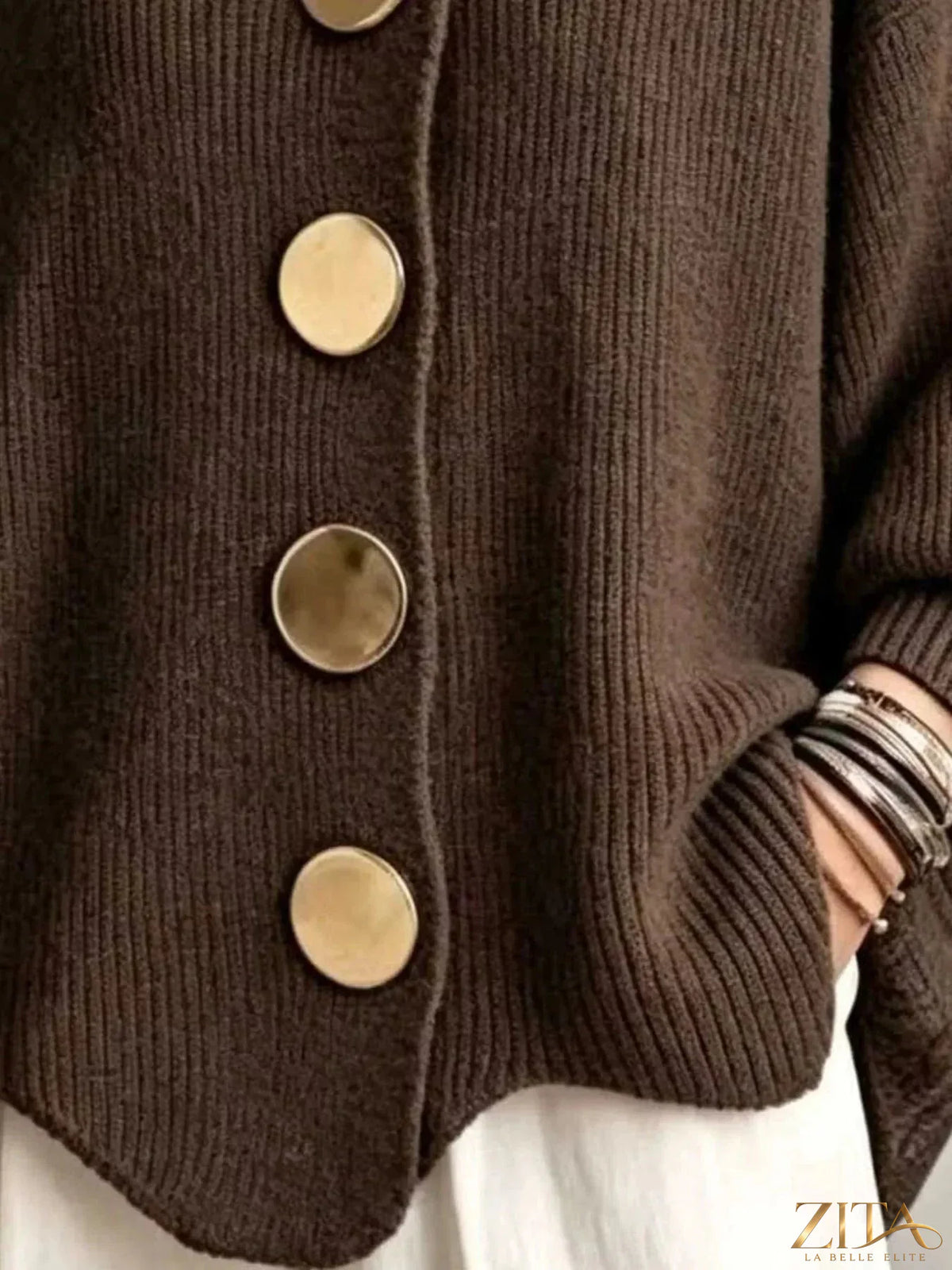 Plus size ribbed knit cardigan with gold buttons from Zita La Belle Elite, showcasing the full front view and textured fabric.