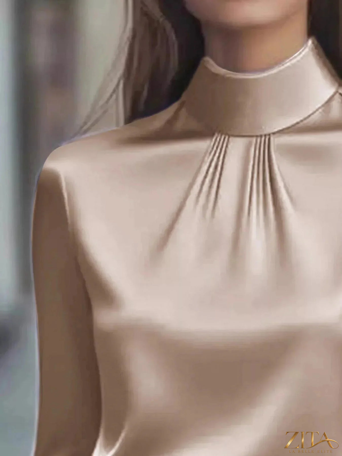 Zita La Belle Elite mock neck long sleeve blouse with pleated detail, featuring a fitted silhouette and elegant design.