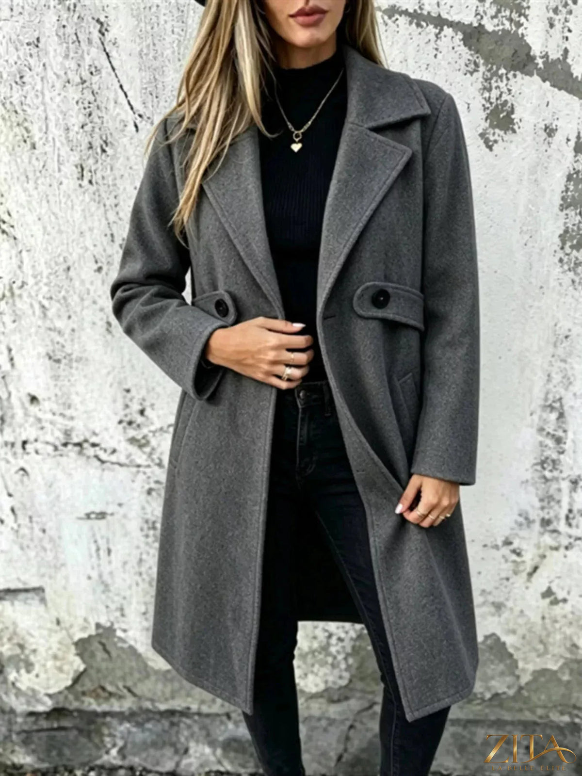 Plus size Zita La Belle Elite longline overcoat with a lapel collar, full size, stylish and warm for cold weather.