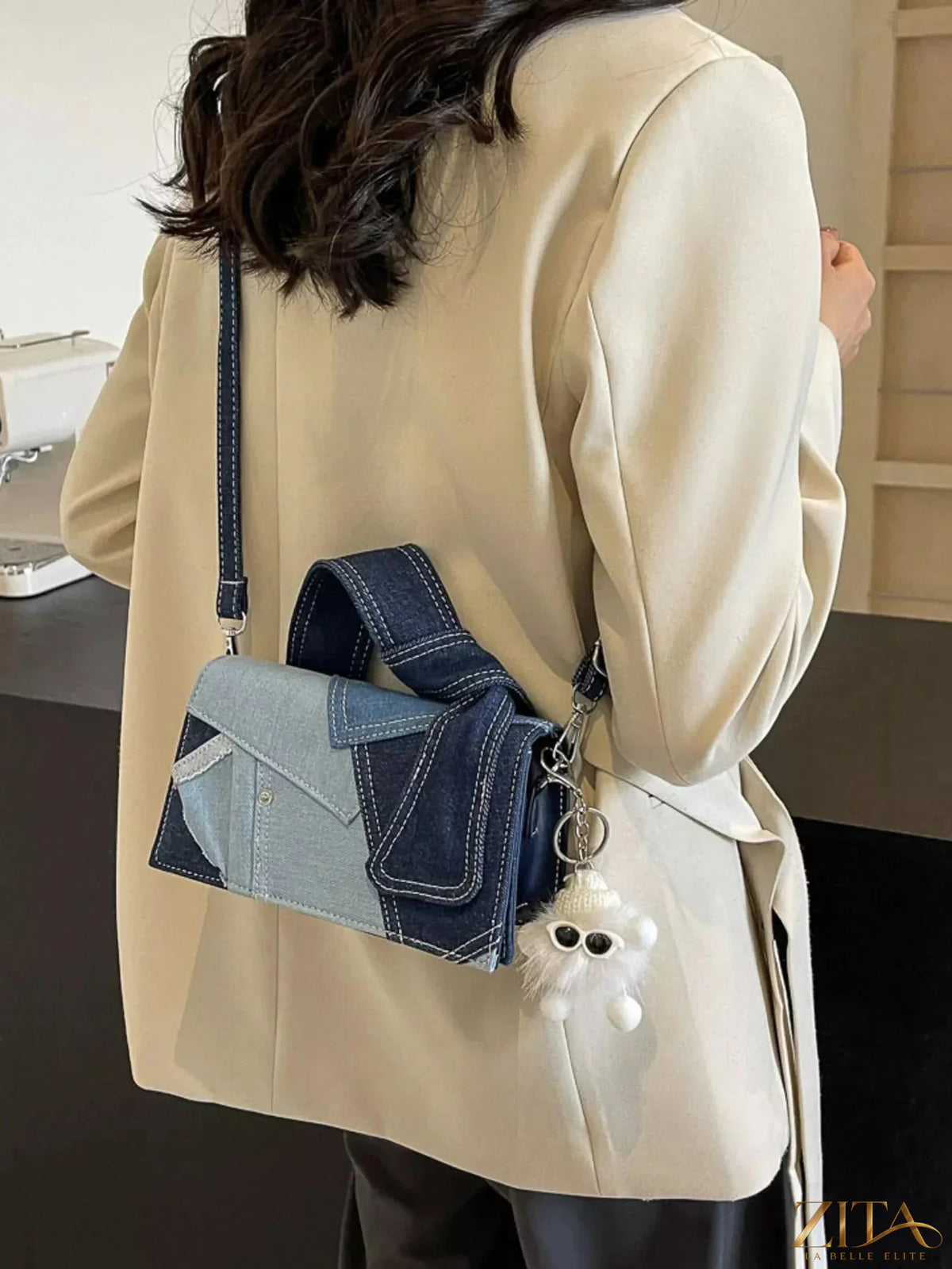 Zita La Belle Elite denim patchwork crossbody bag with colorful stitched panels and adjustable strap, casual and stylish accessory.