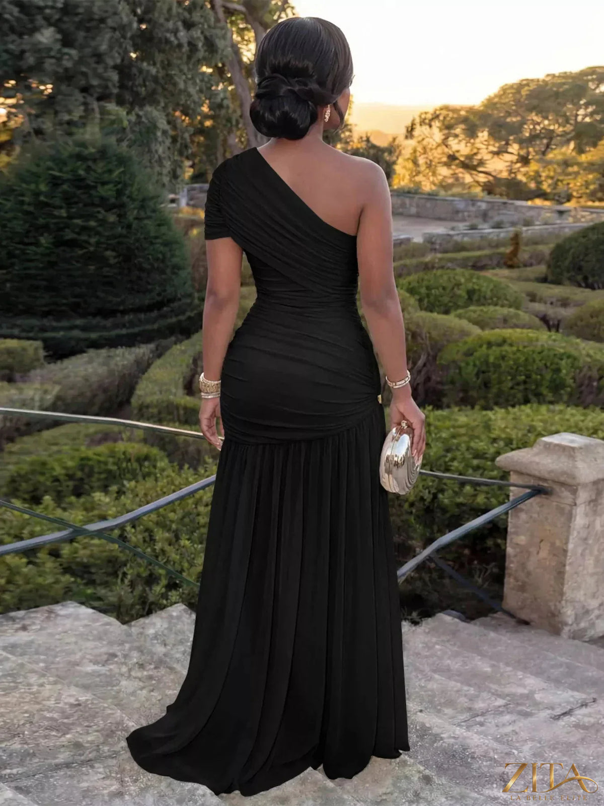 Elegant one-shoulder ruched high-slit evening dress by Zita La Belle Elite, featuring a sleek silhouette and sophisticated design.