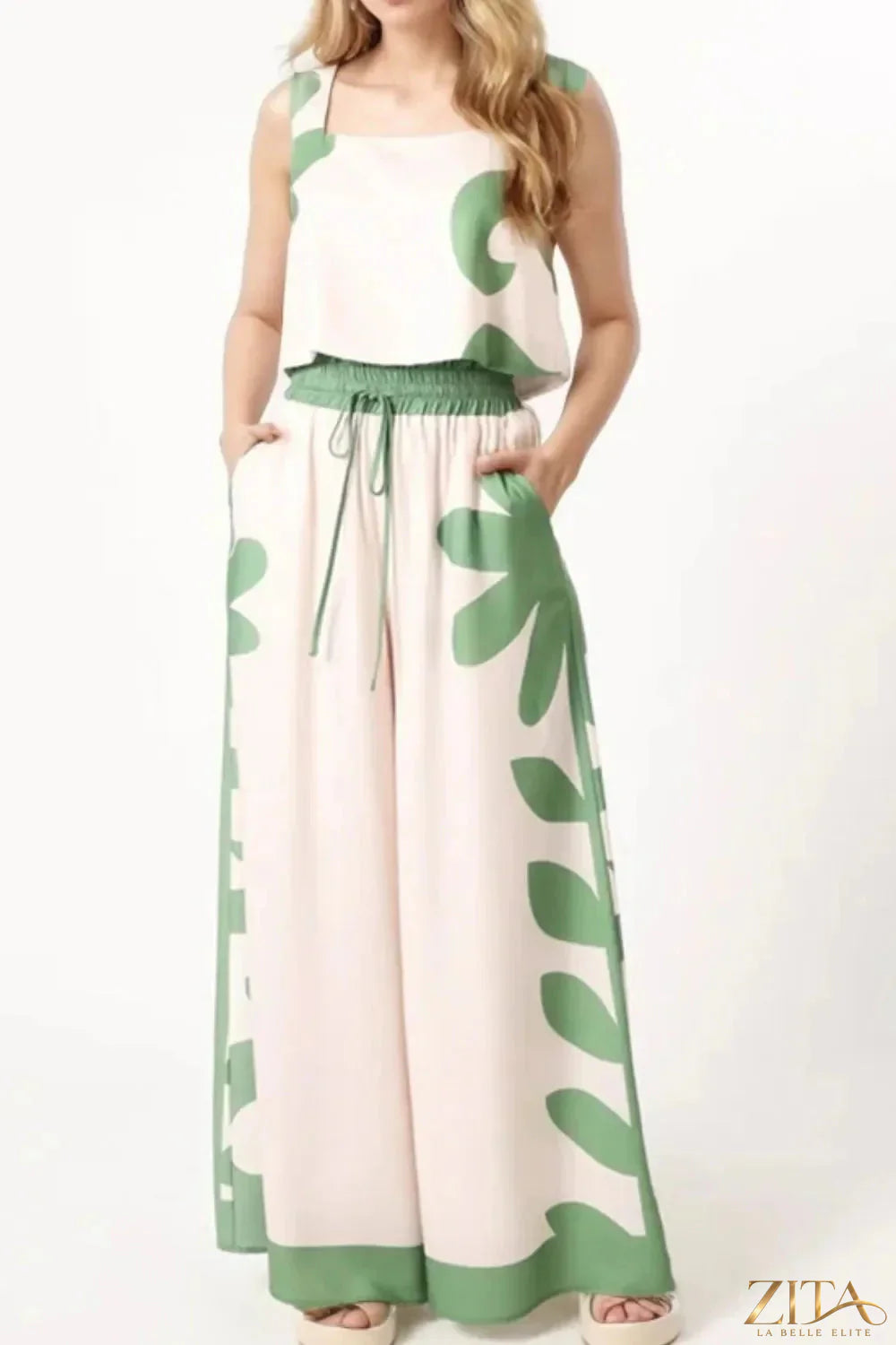 Zita La Belle Elite leaf print tank top and matching pants set, casual summer outfit with green leaf pattern and relaxed fit.