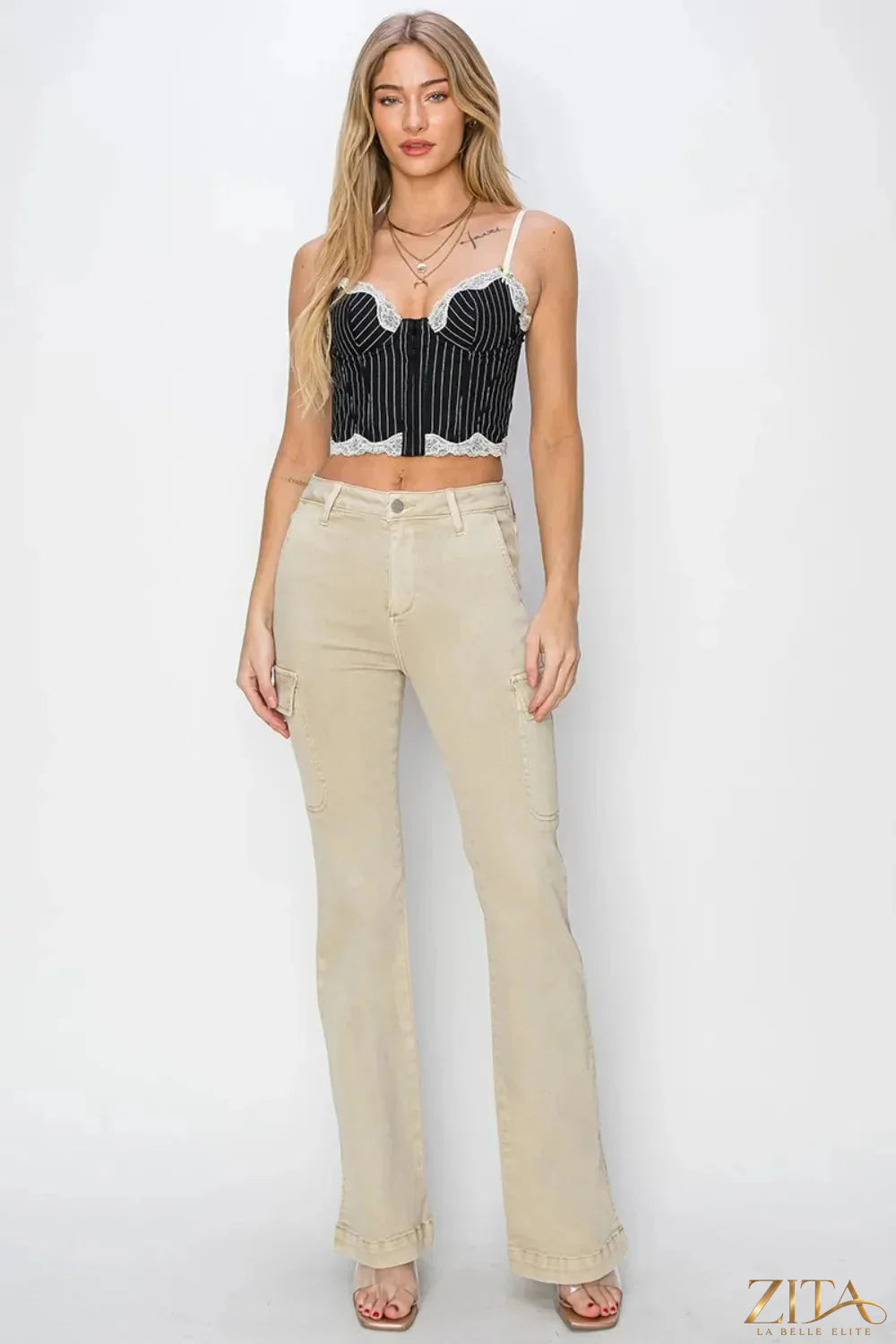 Zita La Belle Elite RISEN full size high rise side slit cargo bootcut jeans, blue denim with high waist and side slits, front view