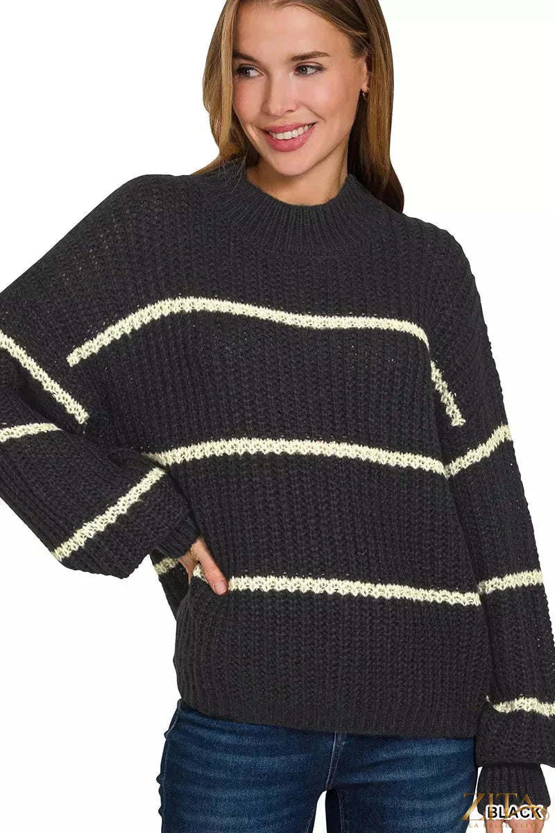 Oversized Zenana striped sweater with horizontal navy and white stripes, featuring a cozy, relaxed fit and soft knit fabric.